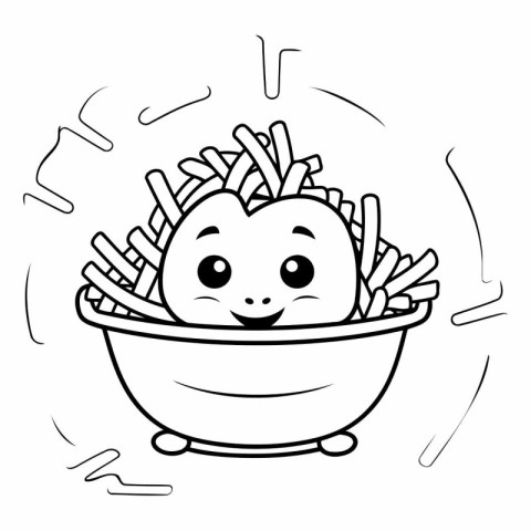 Black and White Cartoon Illustration of Noodles in a Bowl for Co