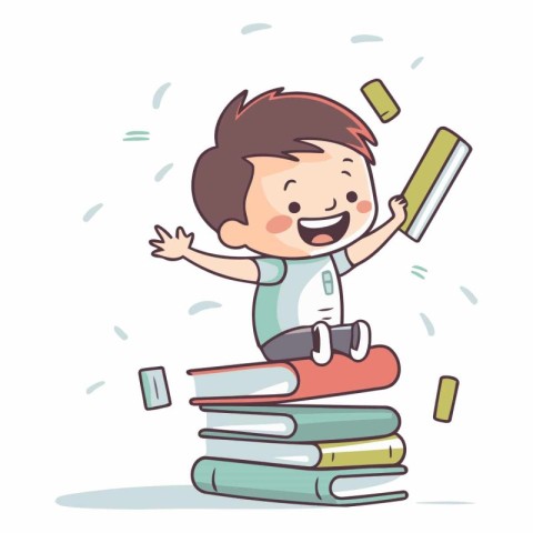 Happy schoolboy jumping on pile of books. Vector cartoon illustr