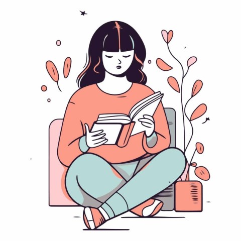 Vector illustration of a girl reading a book in the living room.