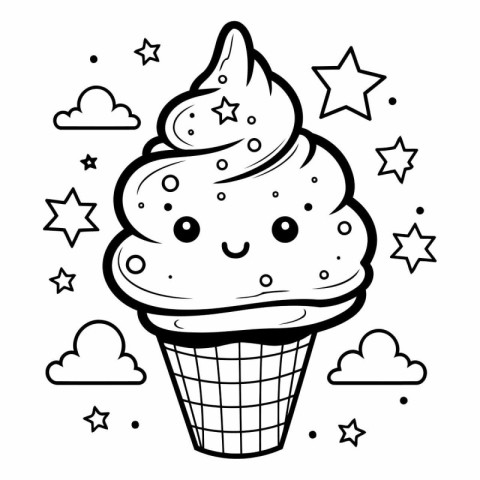 Cute ice cream in waffle cone with stars and clouds.