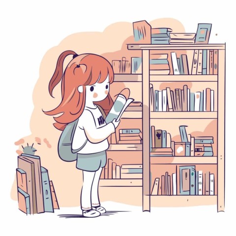 Girl reading a book in the library in cartoon style