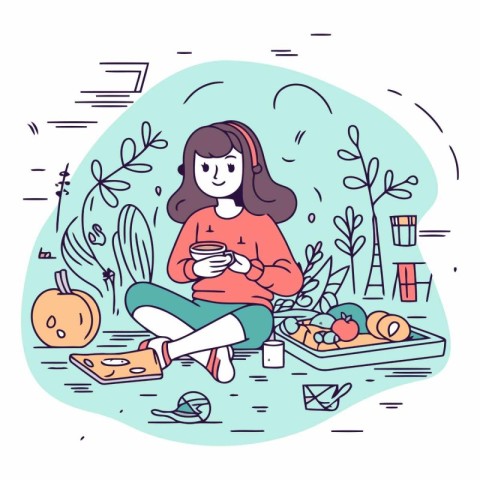 Girl sitting on the floor with a cup of tea and eating healthy f