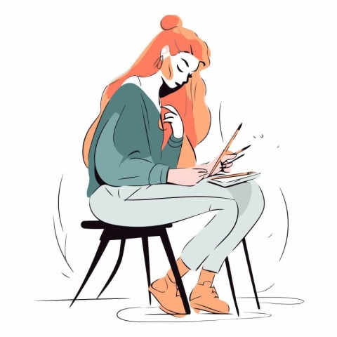 Illustration of a young woman sitting at a table and drawing.