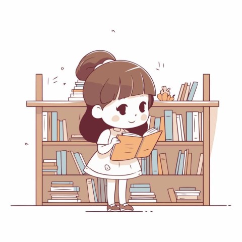 Girl reading a book on the bookshelf.