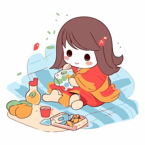 Illustration of a Kid Girl Enjoying Her Meal at Home.