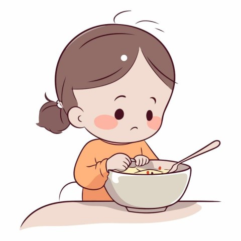 Illustration of a Little Girl Eating a Bowl of Noodles