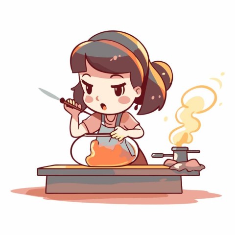 Illustration of a Cute Little Girl Cooking in the Kitchen.