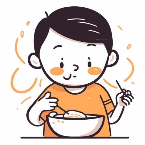 Illustration of a boy eating a bowl of noodle with chopsticks