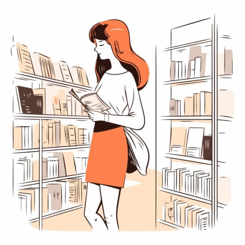 Young woman standing in library and reading a book.