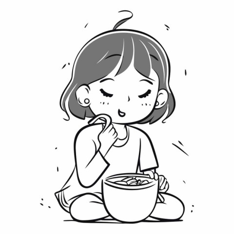 Illustration of a Little Girl Eating Noodles in a Bowl