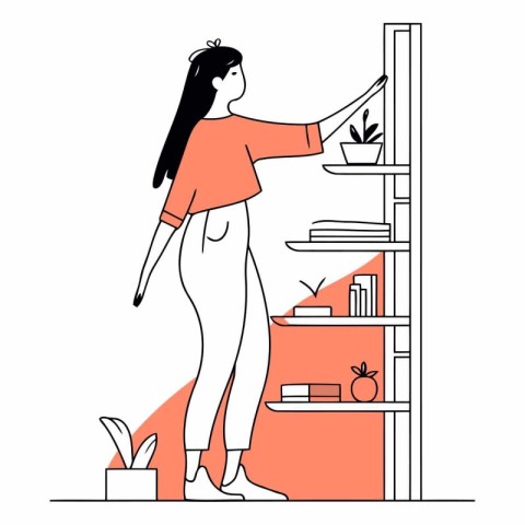 Young woman standing near the bookshelf at home.