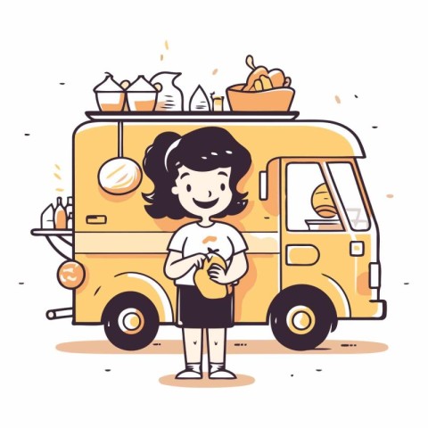 Cute little girl eating ice cream in a van.