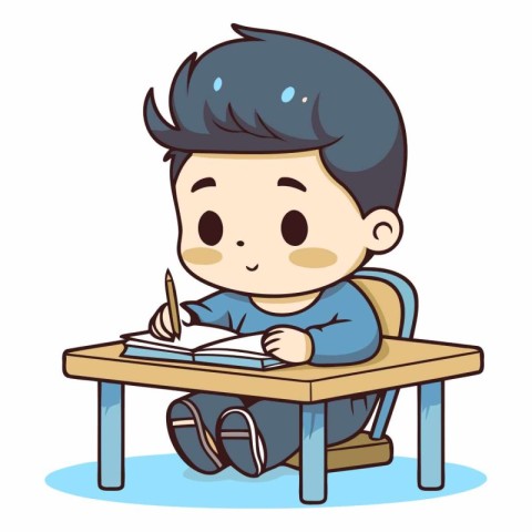 cute little boy writing in his notebook at the table vector illu