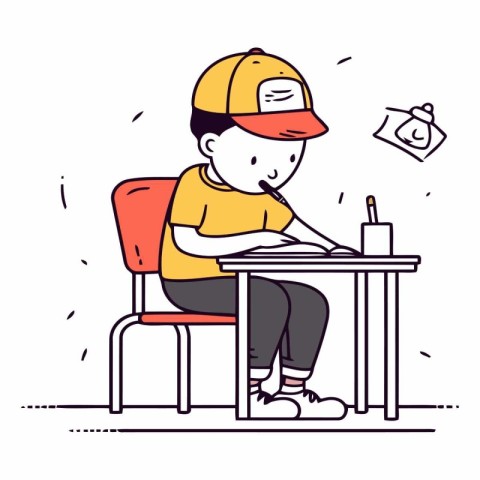 Schoolboy doing homework. Hand drawn vector illustration in cart