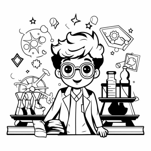 Black and White Cartoon Illustration of Kid Boy in Glasses Study