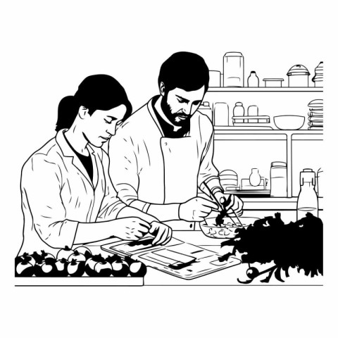 Man and woman cooking in the kitchen. Black and white vector ill