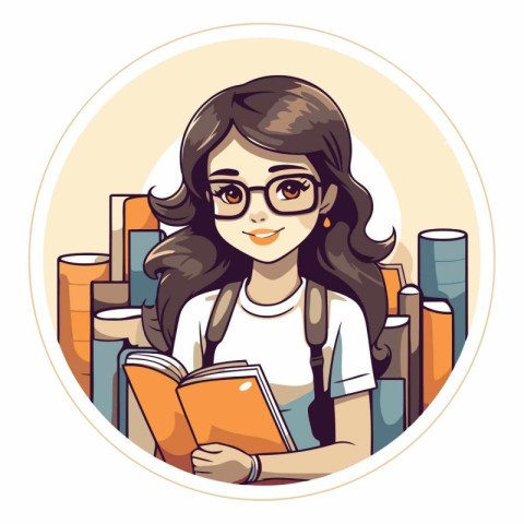 Vector illustration of a smiling girl in glasses reading a book