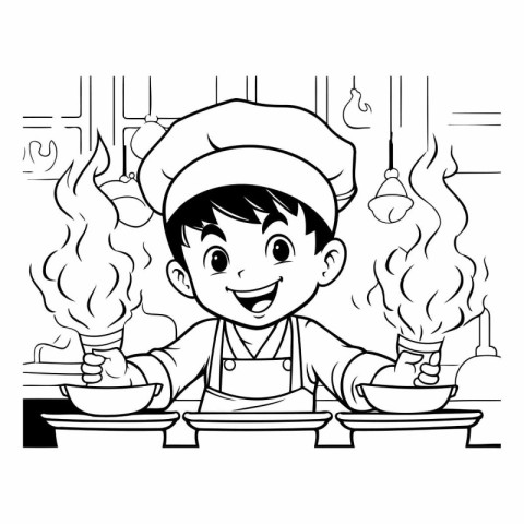 Black and White Cartoon Illustration of a Kid Boy Chef Cooking F