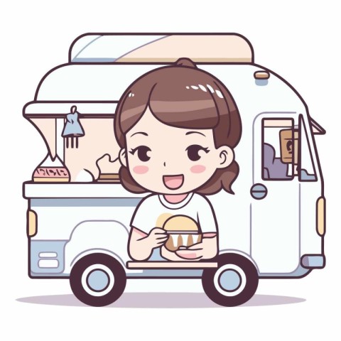 Illustration of a Girl Eating a Cupcake in a Fast Food Truck