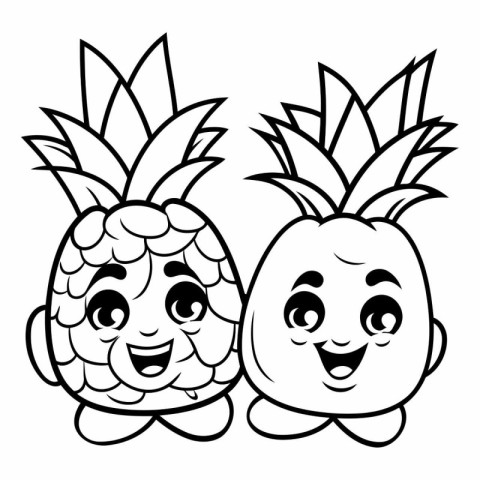 Black and White Cartoon Illustration of Cute Pineapples Characte