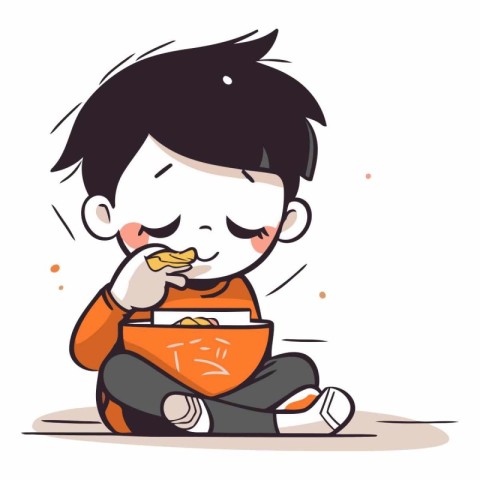 Illustration of a little boy eating a bowl of chinese food