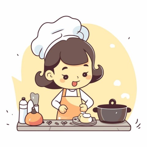 Cute little chef girl cooking in the kitchen.