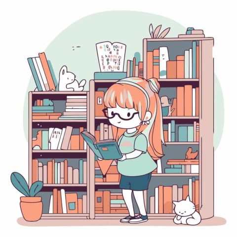 Girl reading a book in the library in cartoon style.