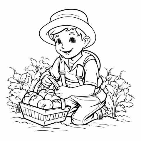 Cartoon farmer with basket of harvested vegetables. Black and wh