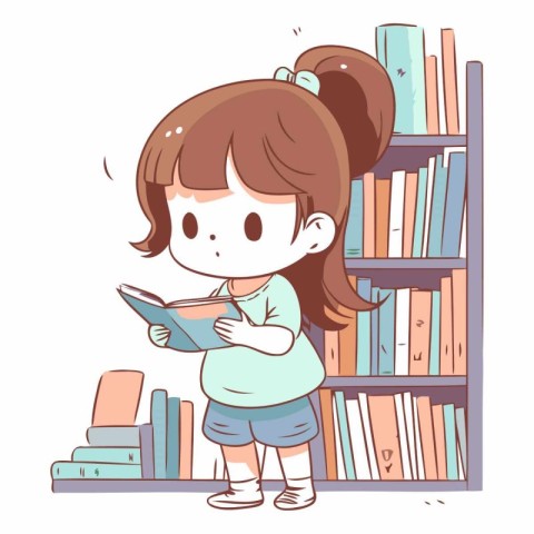 Girl reading a book in the library. Cartoon style.