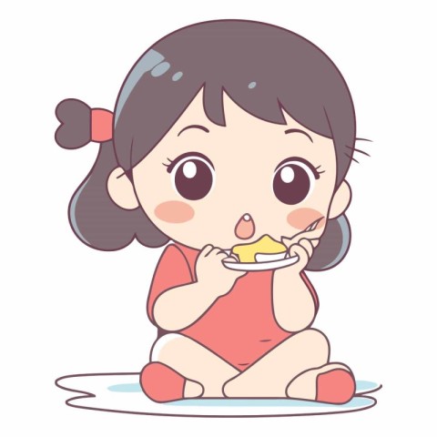 Illustration of a Cute Little Girl Eating a Slice of Cake