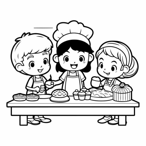 Children cooking and having fun in the kitchen. black and white