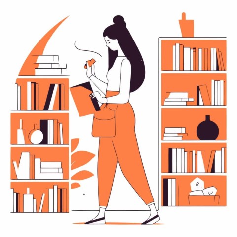 Vector illustration of young woman standing near bookshelf and r