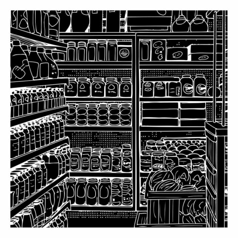 Shelves with products in the supermarket. Black and white vector