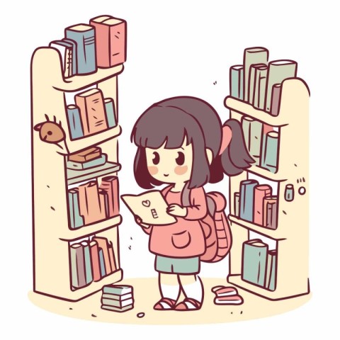 Illustration of a Girl Reading a Book in a Bookcase.