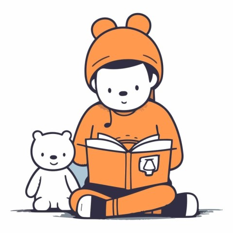 Cute little boy reading a book with a bear