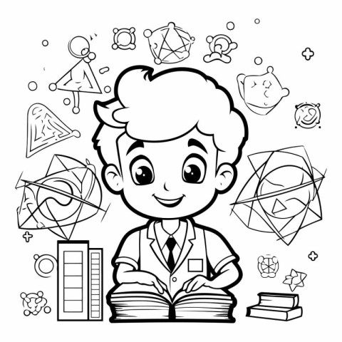 Coloring book for children: boy with a book and school elements