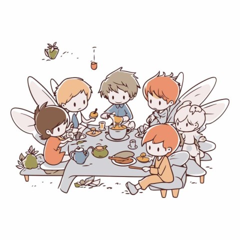 Illustration of a group of children having a meal at home.