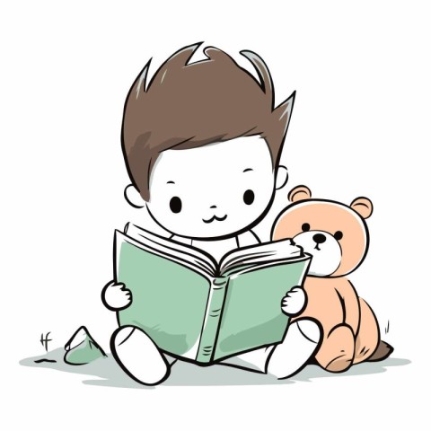 Little boy reading a book with teddy bear.