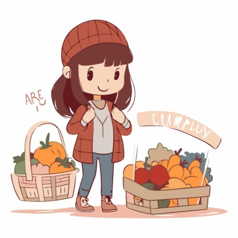 Vector illustration of a girl with a basket of fruits and vegeta