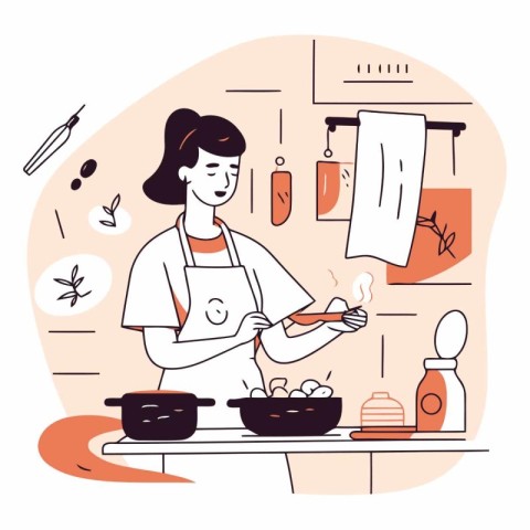 Woman cooking in the kitchen in a flat style.