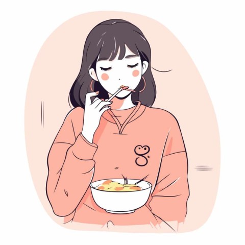 Illustration of a young woman eating a bowl of cereals.