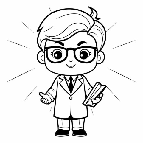 Black and White Cartoon Illustration of a Boy Student or Profess