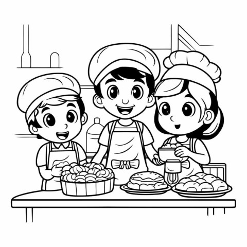 Children cooking in the kitchen. Black and white vector illustra