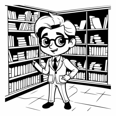 Boy in the library. Black and white vector illustration for colo