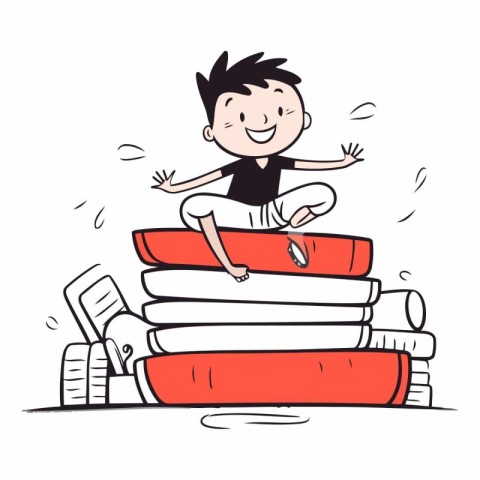 Cartoon happy boy sitting on a pile of books.