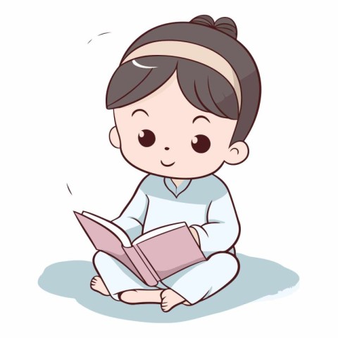 Illustration of a Cute Little Girl Sitting and Reading a Book