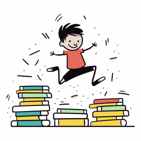 Happy boy jumping on pile of books in doodle style