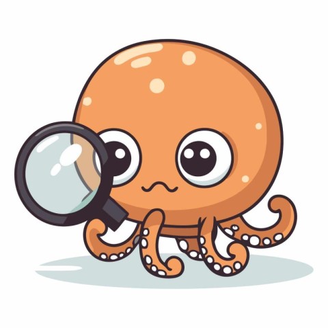 Octopus with magnifying glass. Cute cartoon vector illustration.