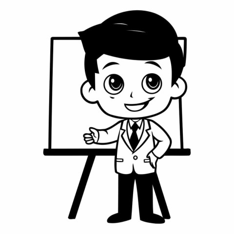 Cute boy teacher cartoon in black and white vector illustration