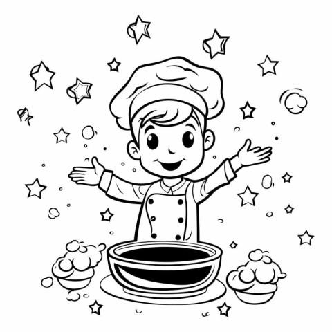 Black and White Cartoon Illustration of a Little Boy Chef Cookin